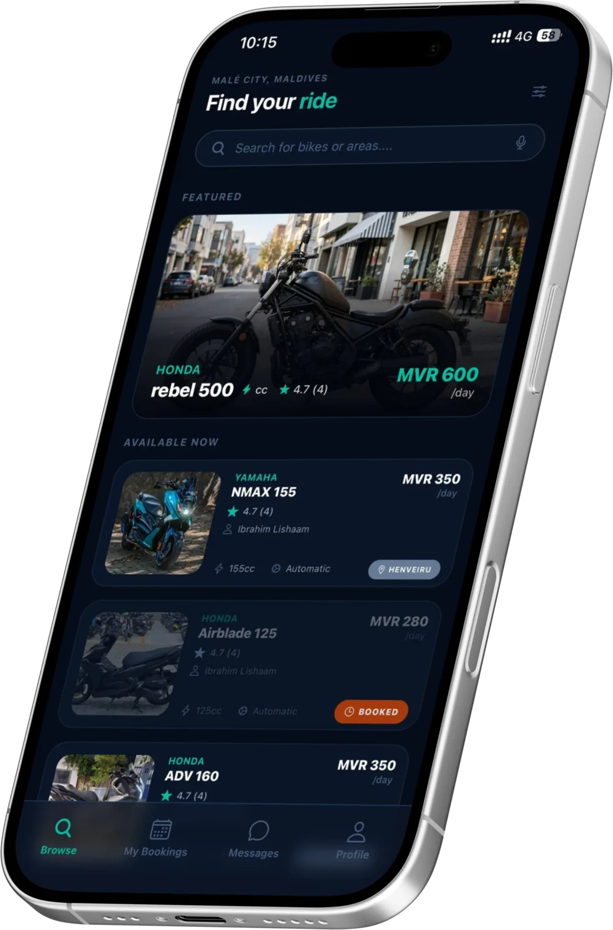 SaikApp browse screen listing Honda and Yamaha motorcycles for rent in Mal&eacute;, with daily prices in MVR